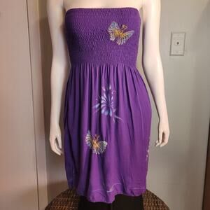 TIKI PALM Purple Tube Dress Sz Medium Butterflies Flowers Metallic 100% Rayon